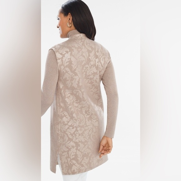 CHICO’S Taupe with silver paisley print sleeveless reversible duster size S - Picture 2 of 14